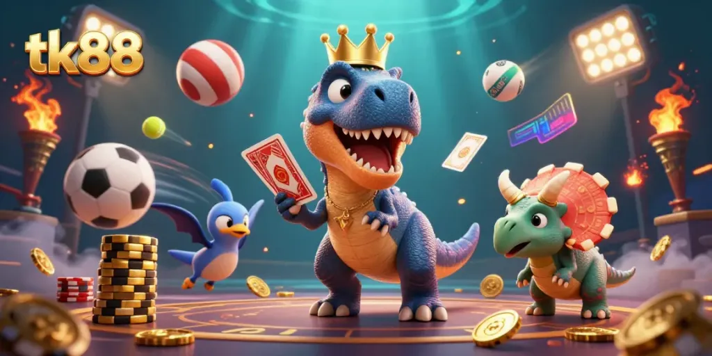 Engage with tk88 in a vibrant casino scene featuring a T-Rex shuffling cards and a pterodactyl assisting with betting.