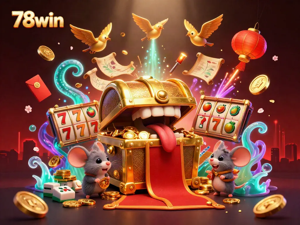 Experience the thrill of winning at 78win with vibrant 3D casino elements and an engaging golden treasure chest.