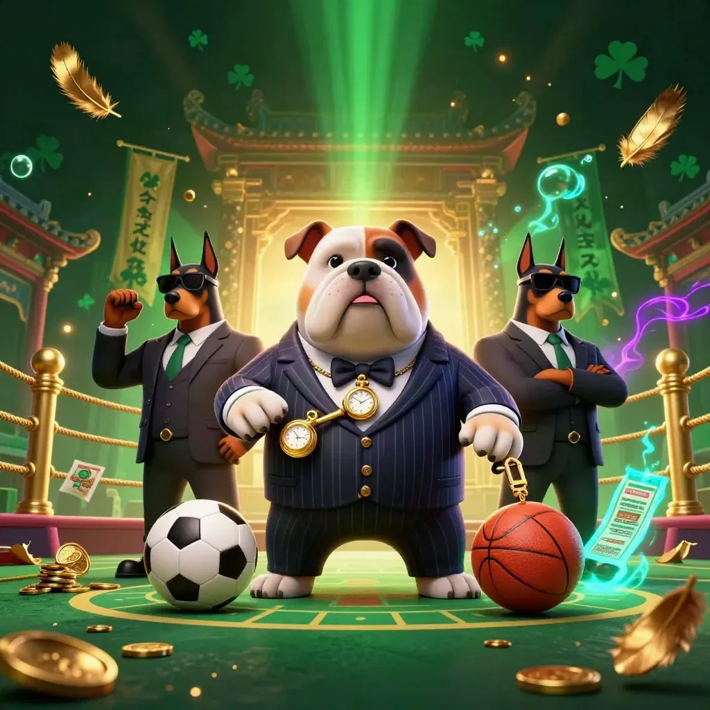Low-angle fantasy casino sports scene with a bulldog boss, two Dobermans, and flying sports gear.
