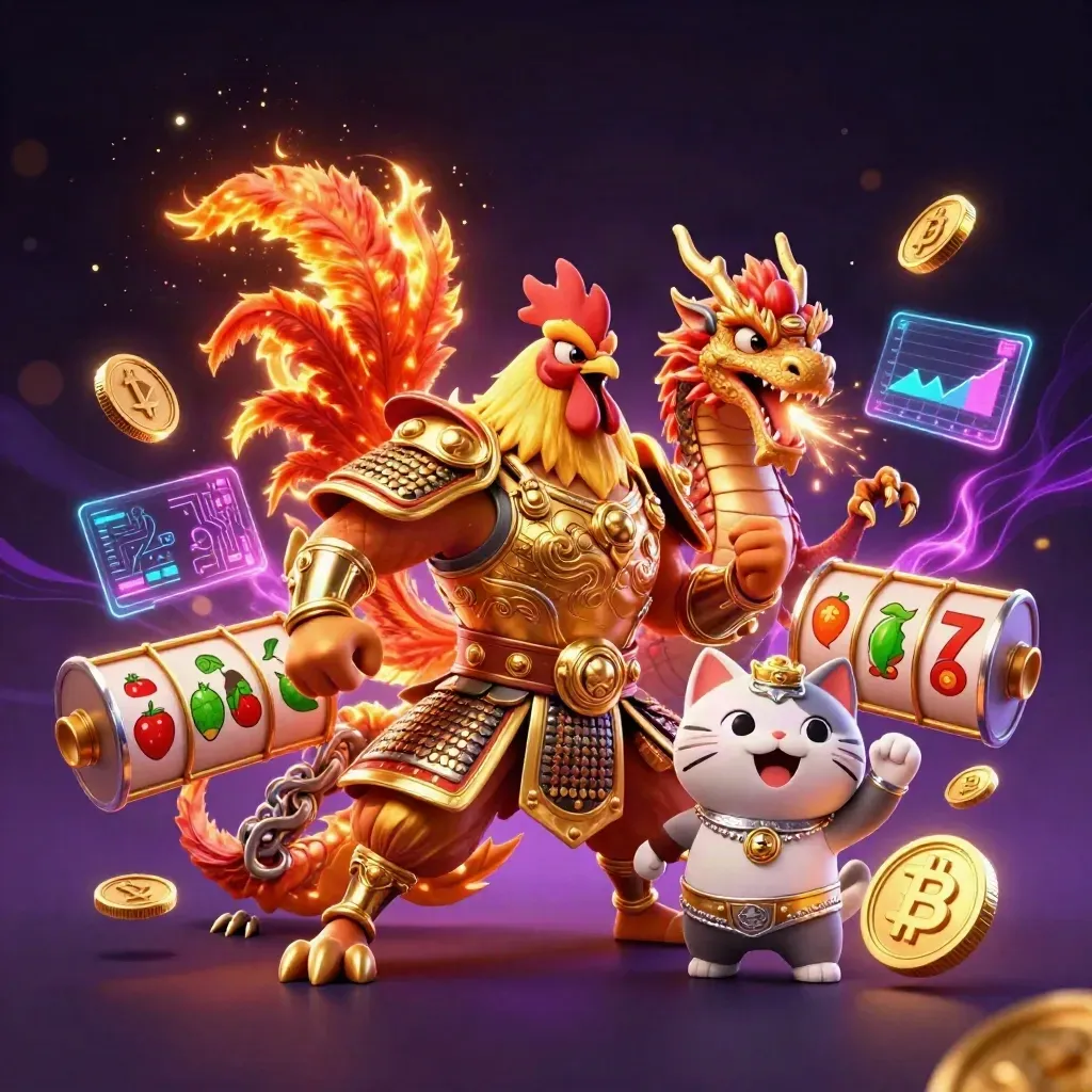 Rooster warrior, dragon hatchling, and fortune cat explode with glowing coins and casino magic.