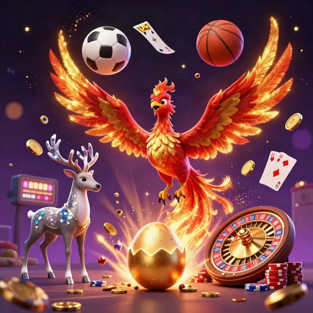 Phoenixes and a crystal stag amid casino coins, cards, and sports balls in a purple-gold burst.