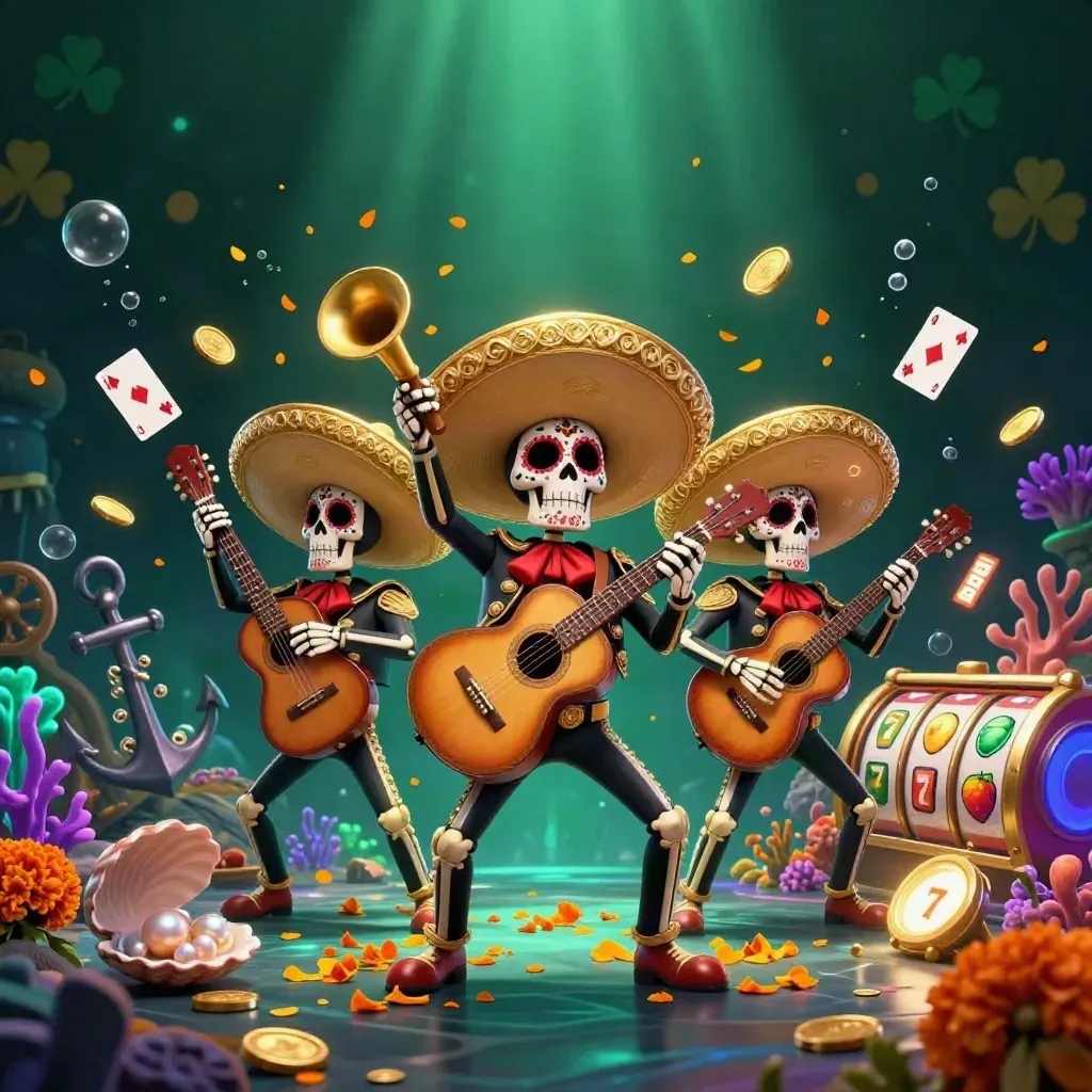 Three skeleton mariachi heroes in a glowing underwater treasure cove with coins, coral, and slot icons