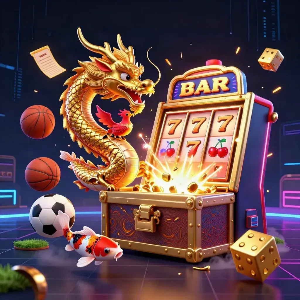 Golden dragon with phoenix, koi, slot machine bursts, and sports balls in neon casino light