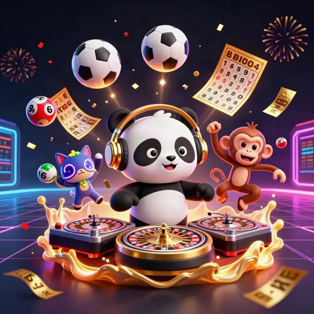 Cartoon panda DJ, monkey, and glow-cat amid casino balls and sports gear.
