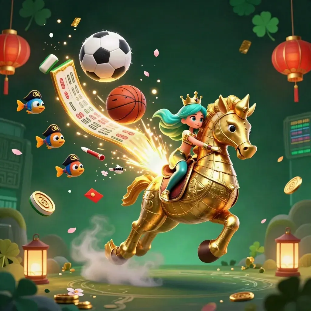 Mermaid princess on golden seahorse amid casino sports magic, coins, lanterns, and a frozen soccer ball.
