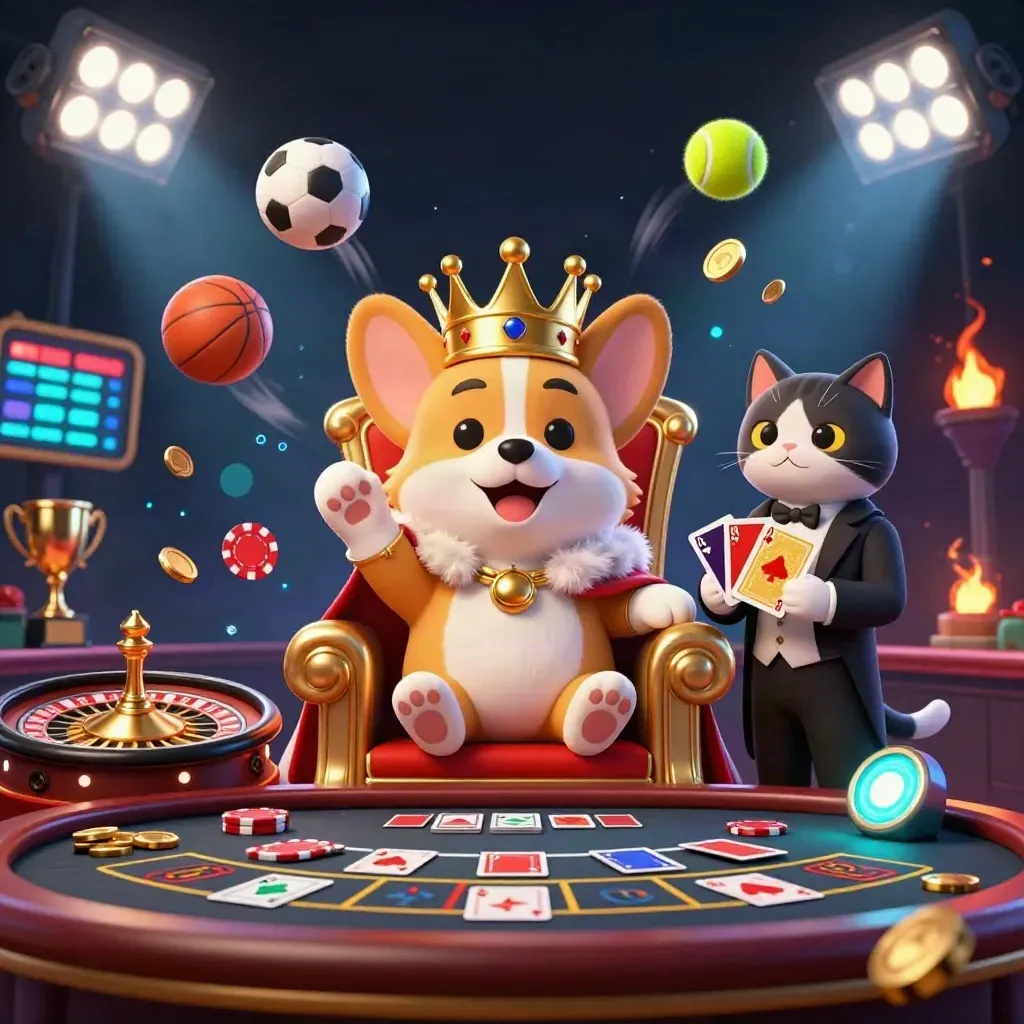 Royal corgi and cat butler amid casino props, glowing balls, coins, and dramatic blue-gold light.