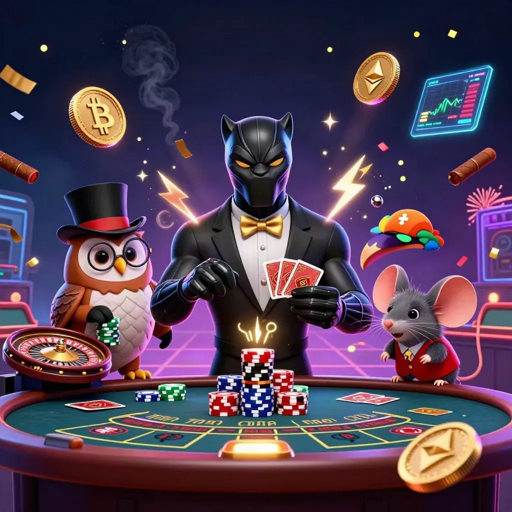Panther, owl, and mouse in a luxe live-casino scene with glowing coins, confetti, and neon energy.