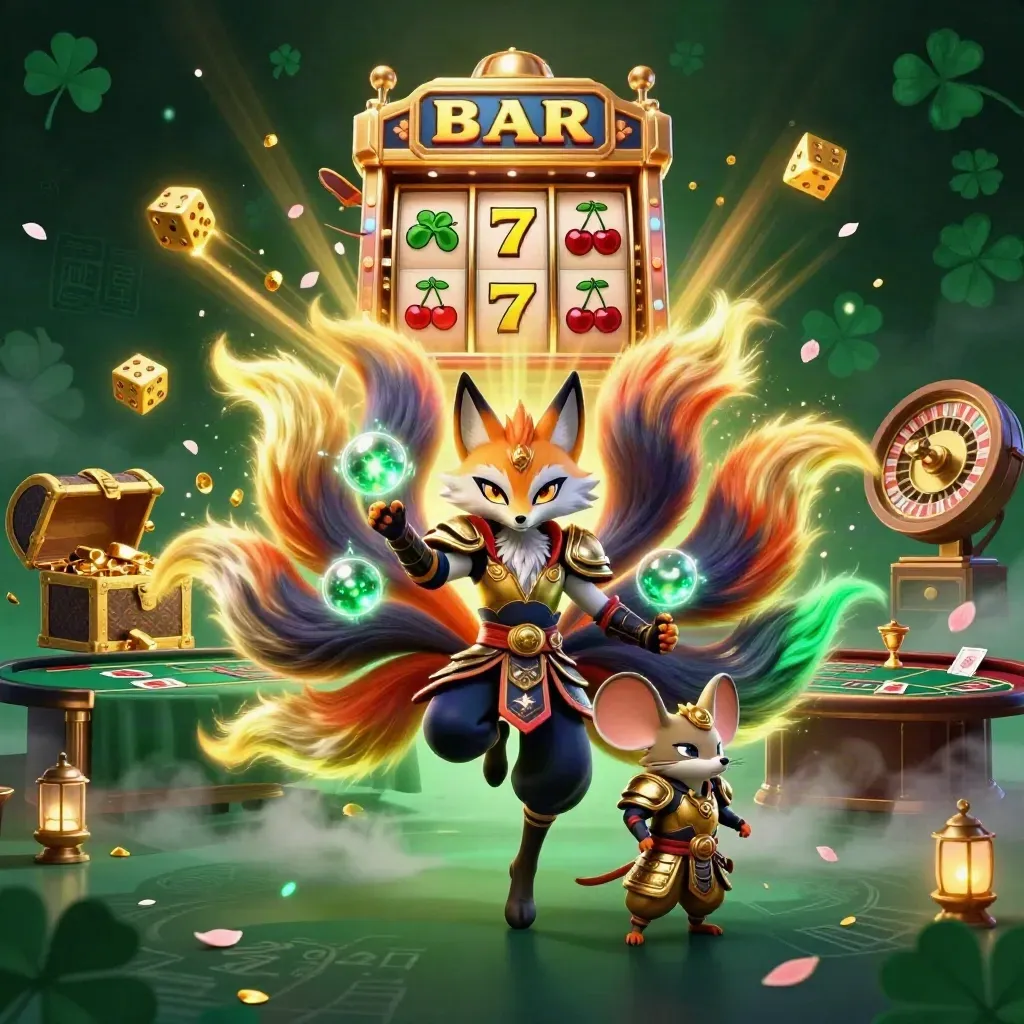 Fox spirit and armored mouse amid slot burst, gold loot, and casino luxuries.