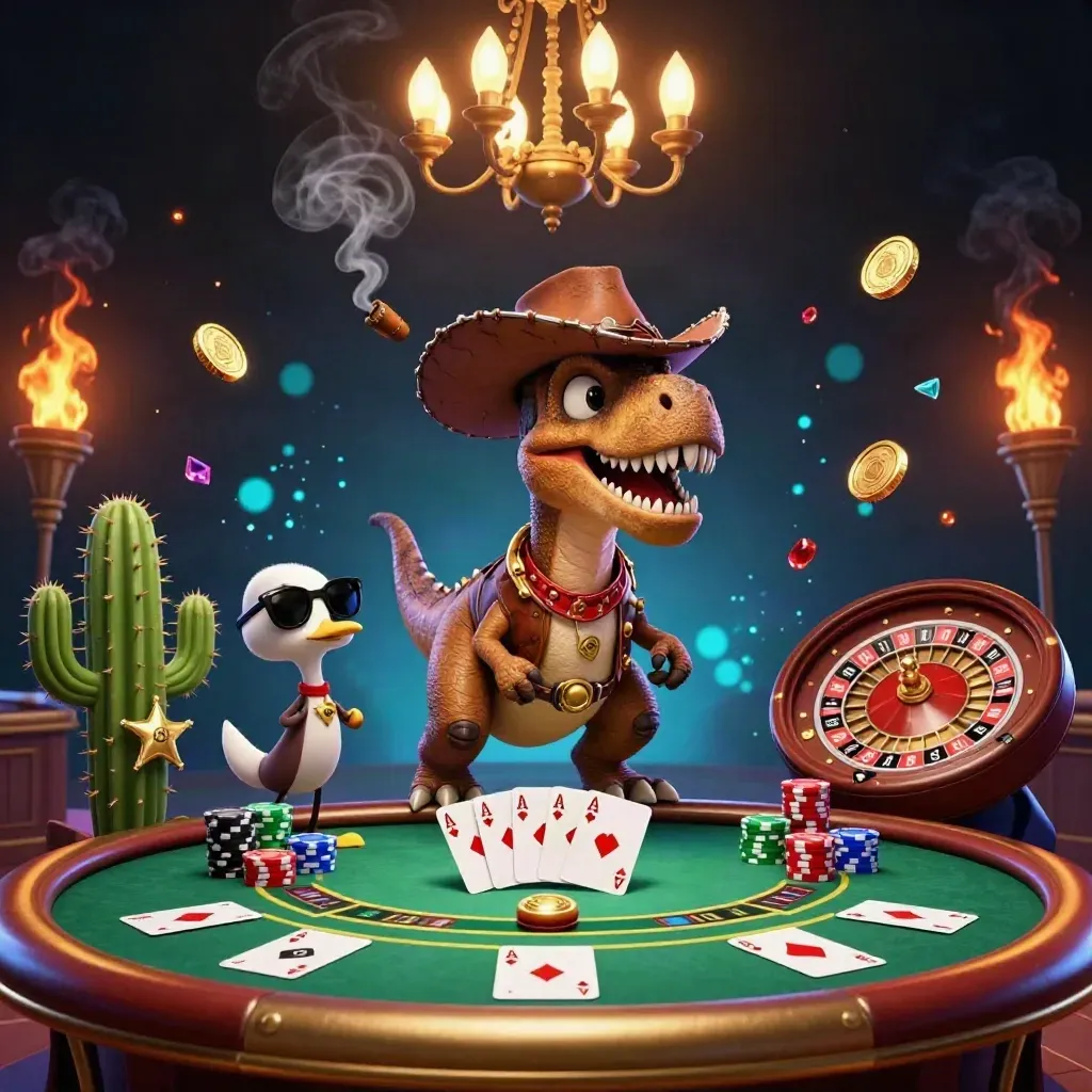 Cowboy T-Rex, cactus and roadrunner at a luxe poker table under a blazing chandelier