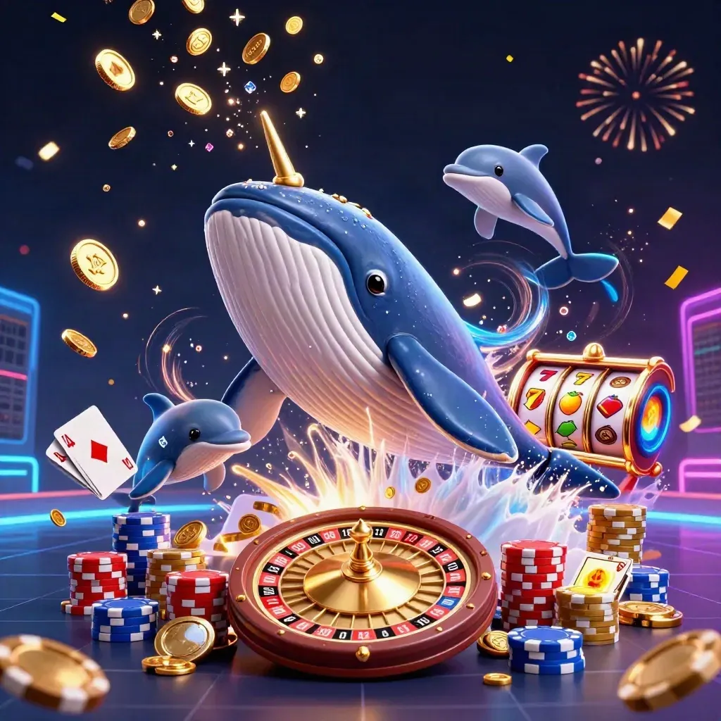 Whale captain, narwhal, and dolphins burst through coins and chips in neon casino action.