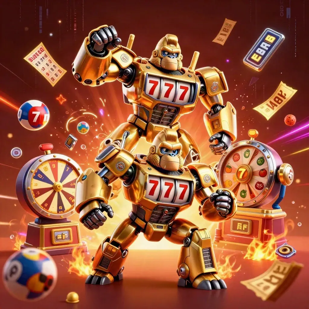 Golden gorilla mech with tiny monkey pilot, lottery balls, prize wheel, and gold sparks.