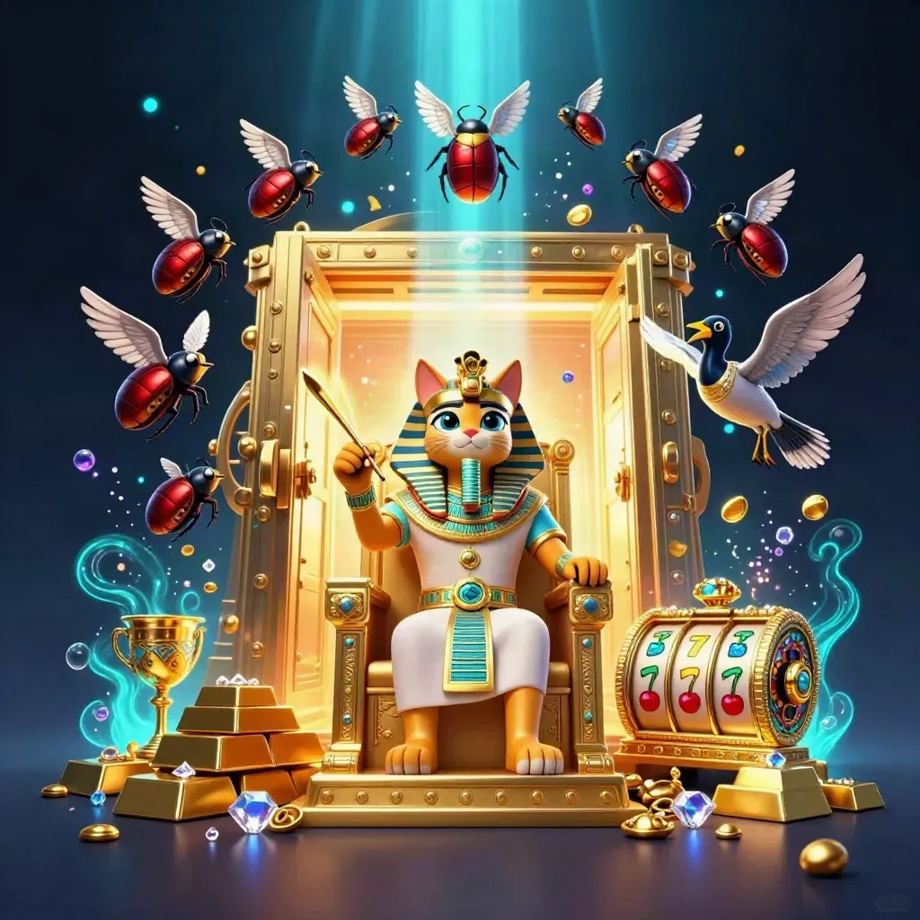Pharaoh cat on a gold throne with ibis scribe, scarabs, treasure vault, gems, and cyan magic.