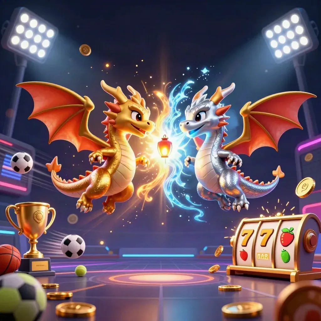 Twin gold and silver dragons clash in fire and ice with casino balls, coins, and a glowing trophy.
