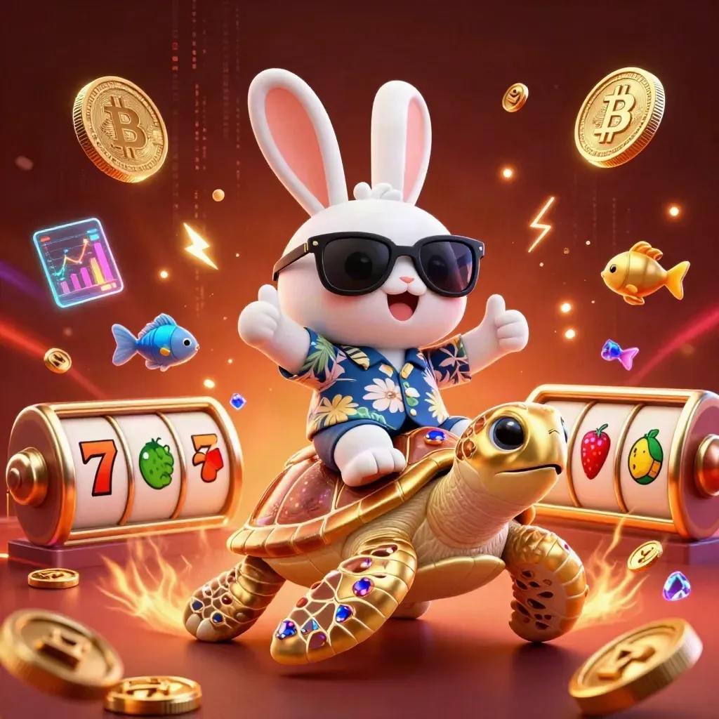 Lucky rabbit rides a golden sea turtle amid coins, lightning, and casino energy.