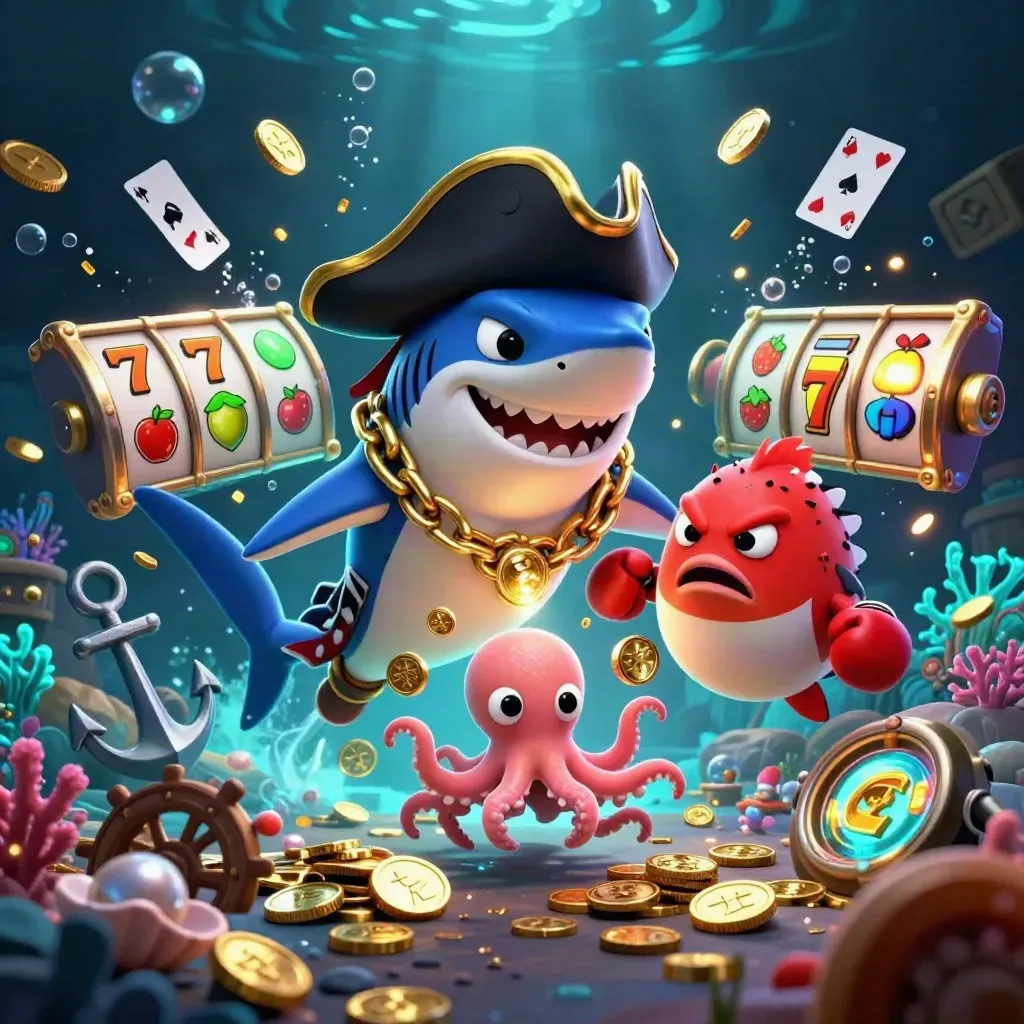 Shark pirate, boxing pufferfish, and juggling octopus amid treasure, bubbles, and glowing casino symbols