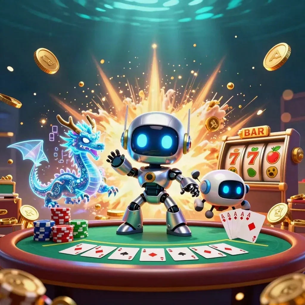 Cyberpunk robot, holographic dragon and coin drone amid exploding vault coins and slot reels.