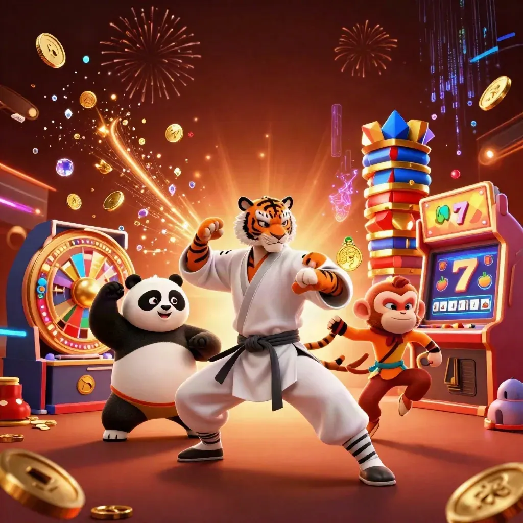 Tiger, panda, and monkey heroes amid coins, chips, cards, roulette wheel, and fireworks.