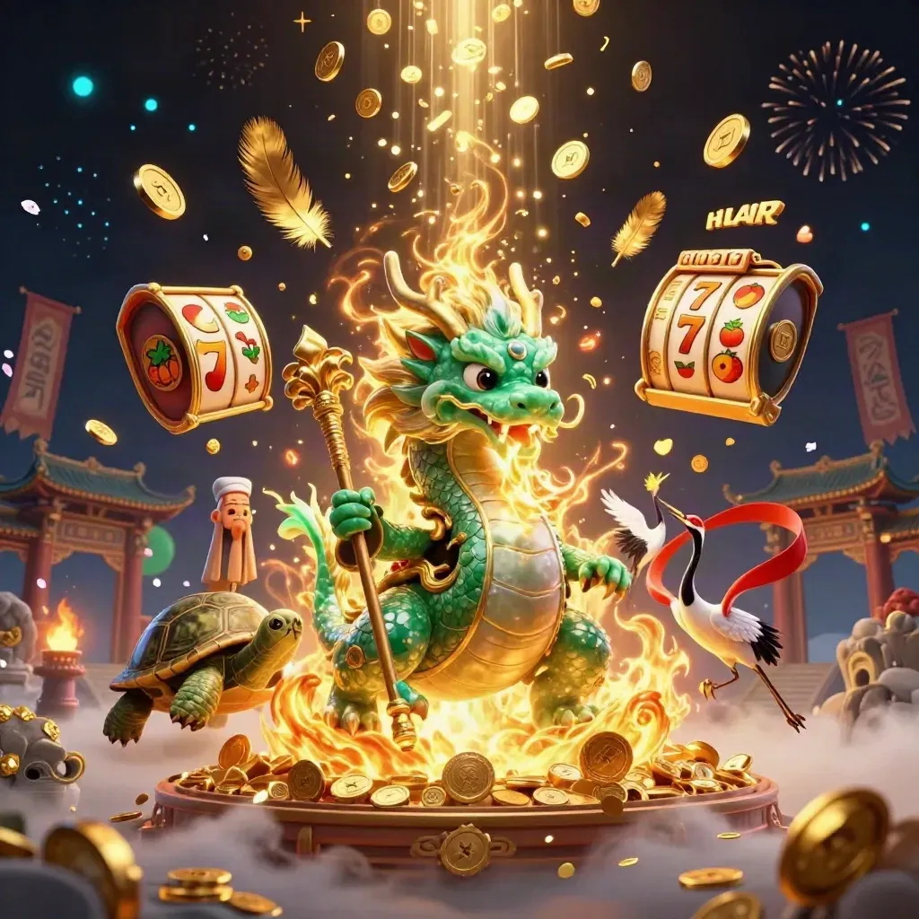 Emerald dragon, turtle sage, and red-ribbon cranes burst from coins, fire, and fireworks in luxe casino art