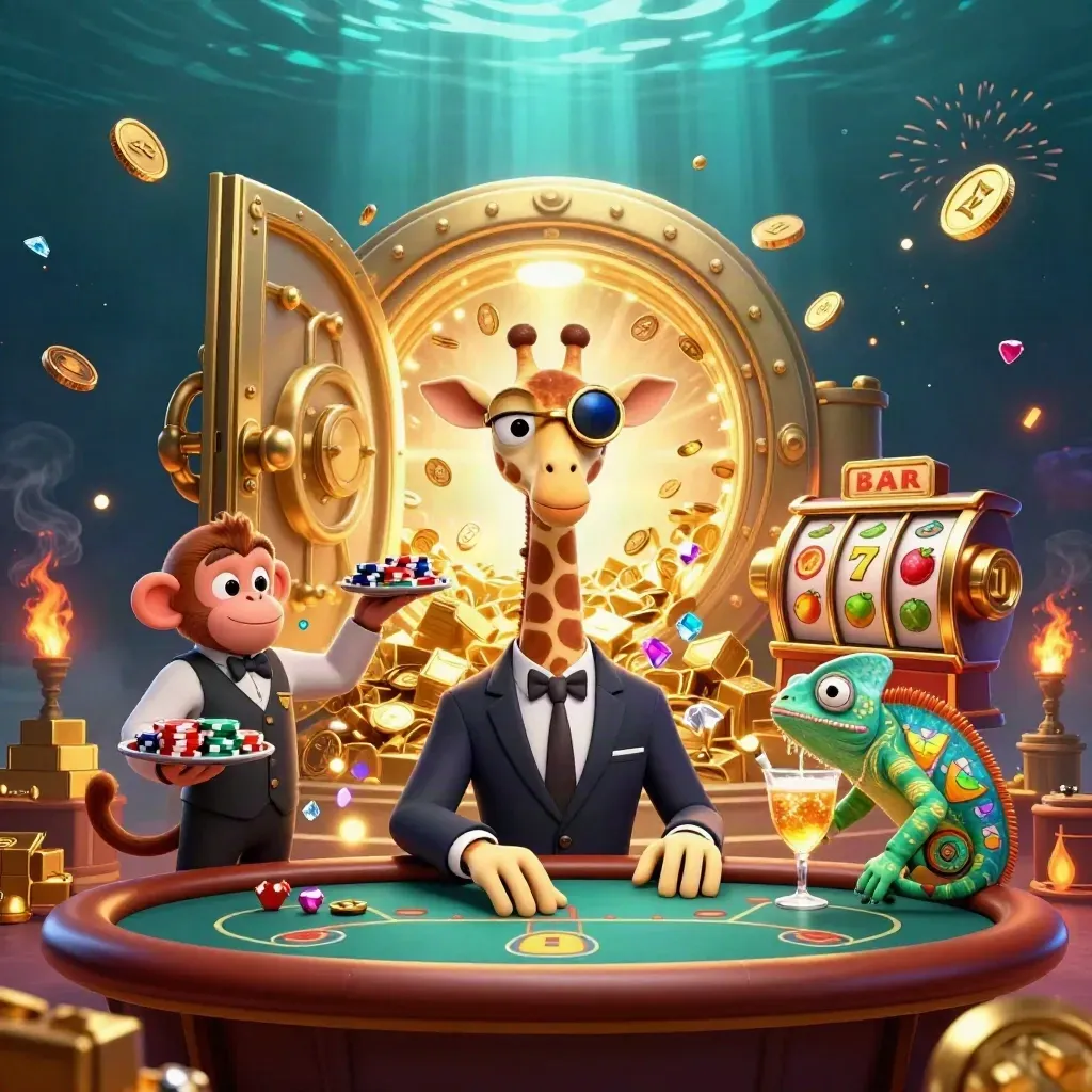 Giraffe, monkey valet, and chameleon bartender amid a bursting vault and flying gold coins.