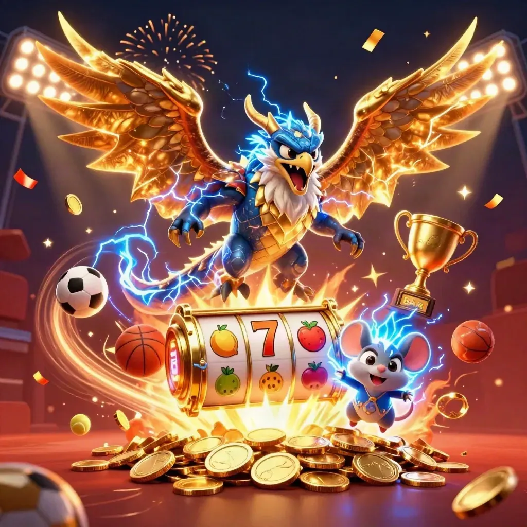 Thunder dragon, wind hawk, and static mouse amid coins, fireworks, and casino loot.