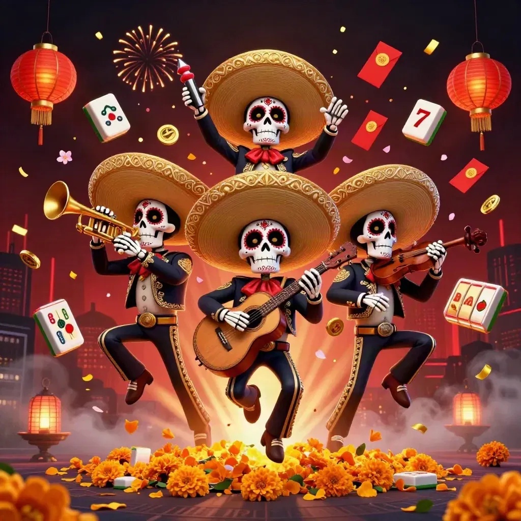 Skeleton mariachi trio amid casino symbols, lanterns, petals, and glowing red skyline.