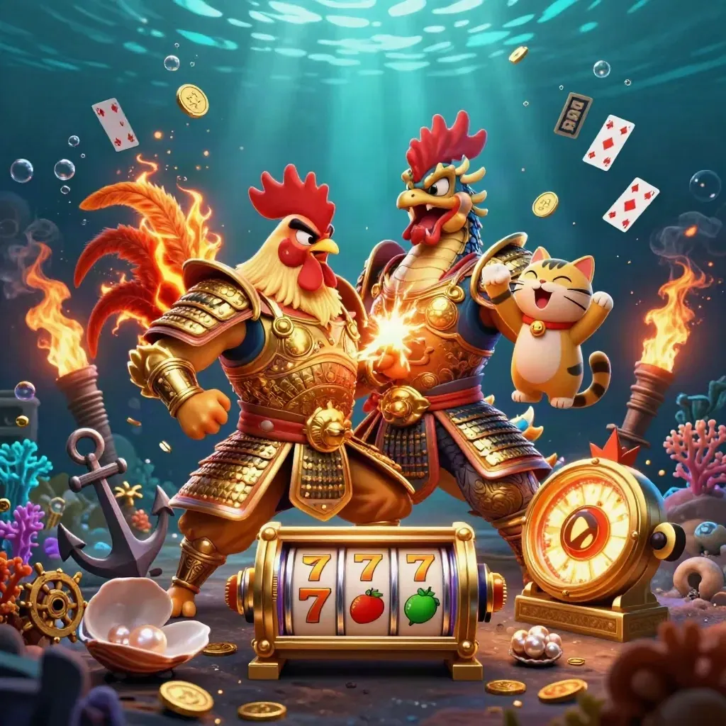 Rooster warrior, dragon hatchling, and fortune-cat in a glowing underwater casino scene.