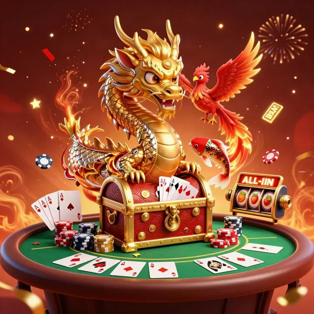Golden dragon with phoenix and koi amid casino chips, cards, reels, embers, and fireworks.