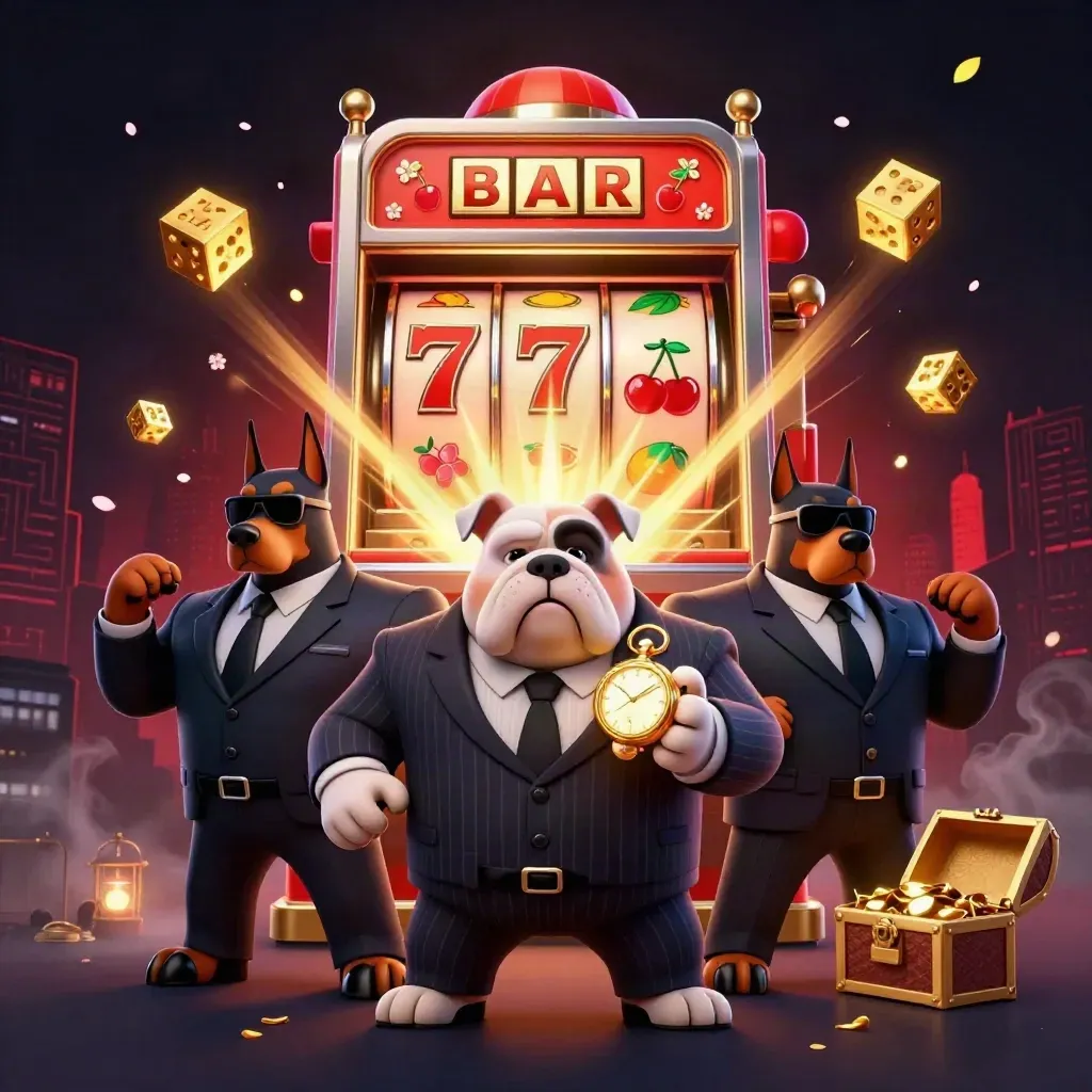 Bulldog mob boss and two Dobermans with exploding slot machine, gold, and red neon glow.