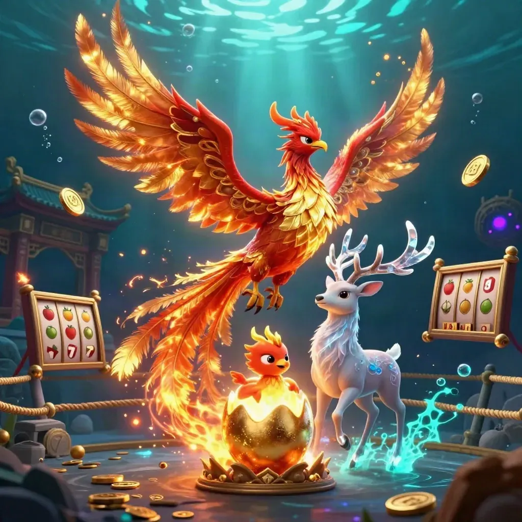 Fire phoenix, hatching baby phoenix, and crystal-antlered stag amid coins and neon underwater rays.
