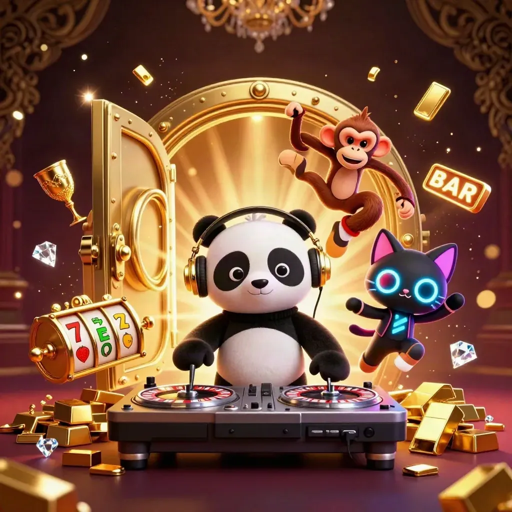 DJ panda, monkey, and glow-stick kitten burst from a vault amid reels, gems, and casino sparks.