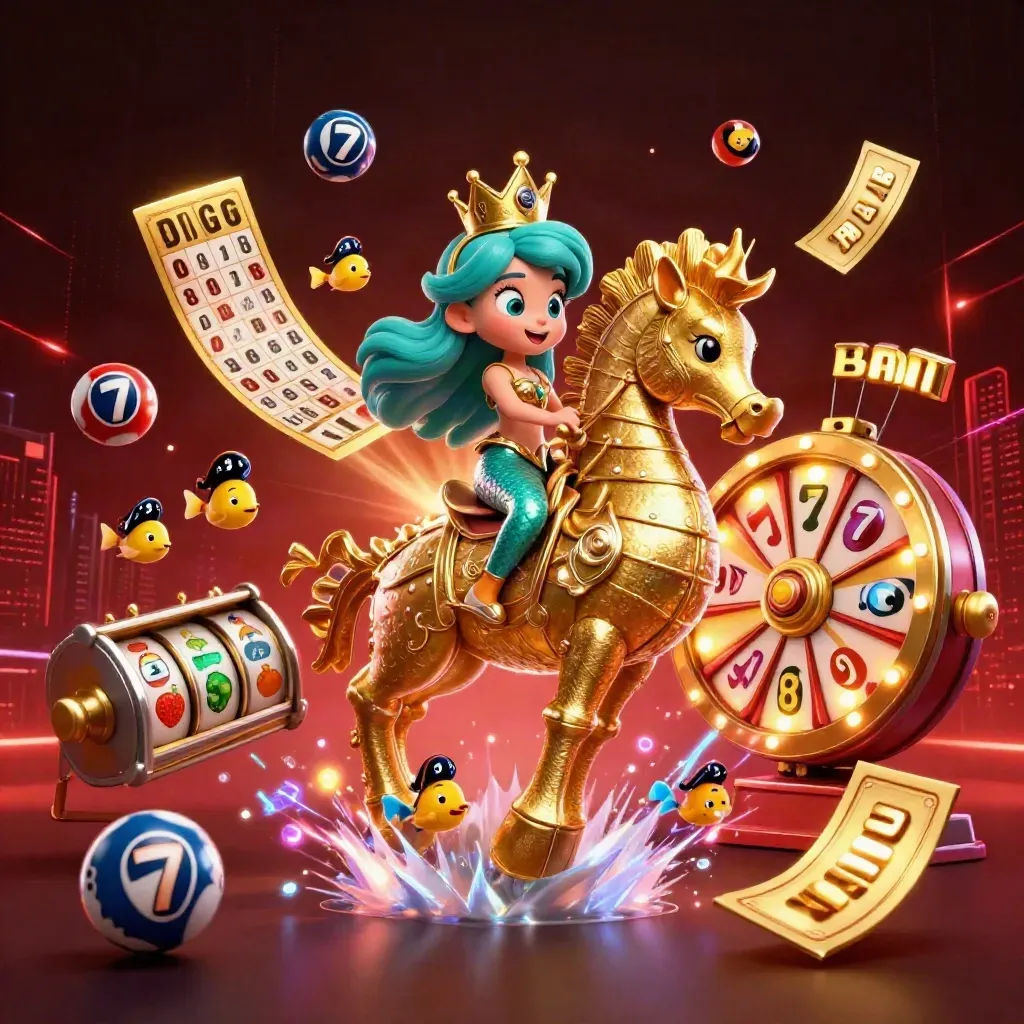 Mermaid princess on armored seahorse amid casino reels, prize wheel, and glowing gold effects.