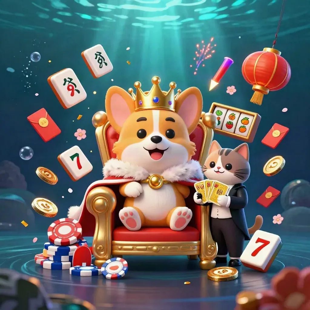 Royal corgi and cat butler amid glowing casino relics, lanterns, coins, and underwater light.