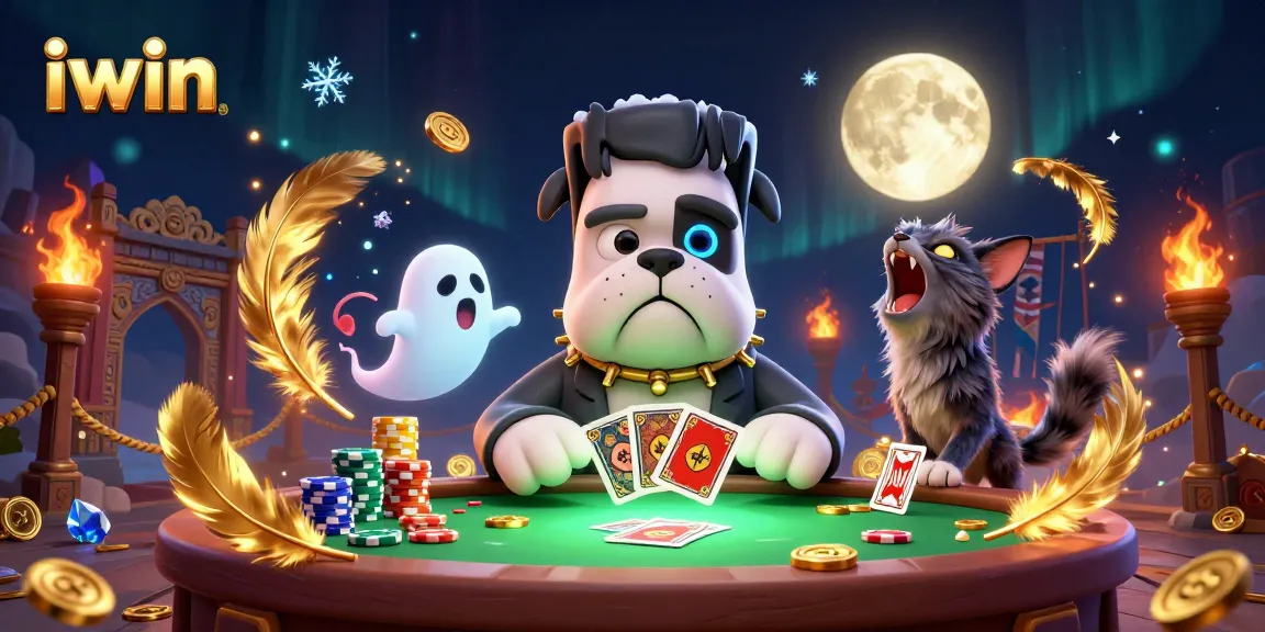 iwin gaming scene features a Frankenstein bulldog dealing cards amidst a haunted atmosphere.