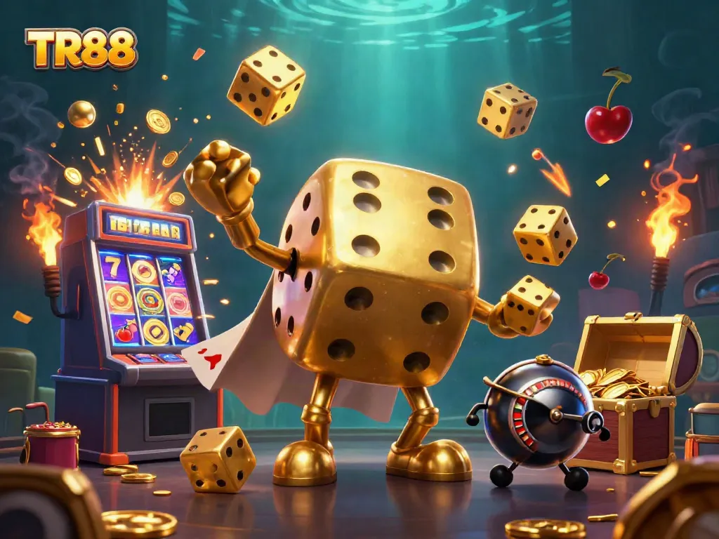 Experience TR88's vibrant slot action with golden dice, jackpot slots, and colorful gaming elements.