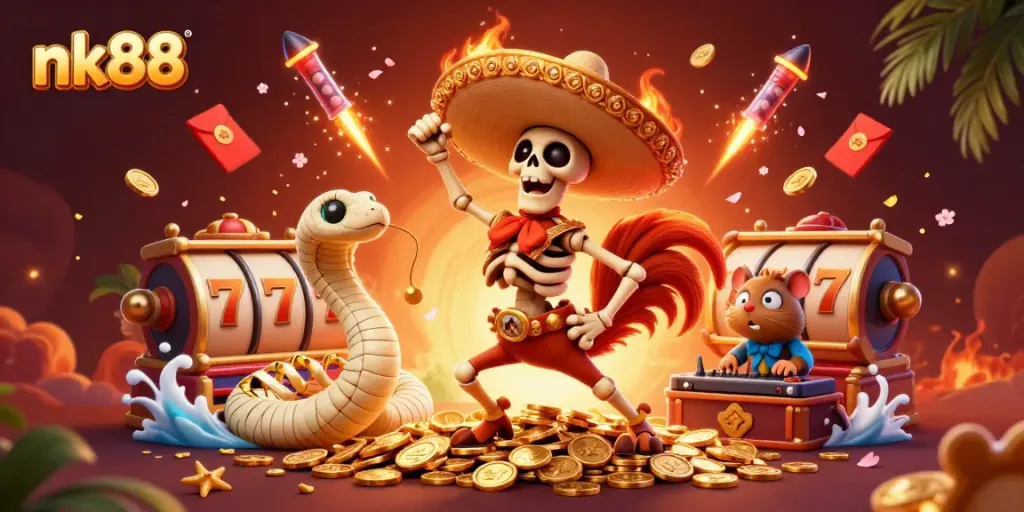 Join the fun at nk88 with a lively 3D casino illustration showcasing a festive skeleton mariachi rooster, mummy snake, and DJ hamster celebrating on a pile of coins.
