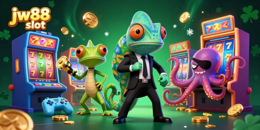 Experience the thrill of jw88 slot with colorful machines and dynamic characters in a vibrant casino scene.