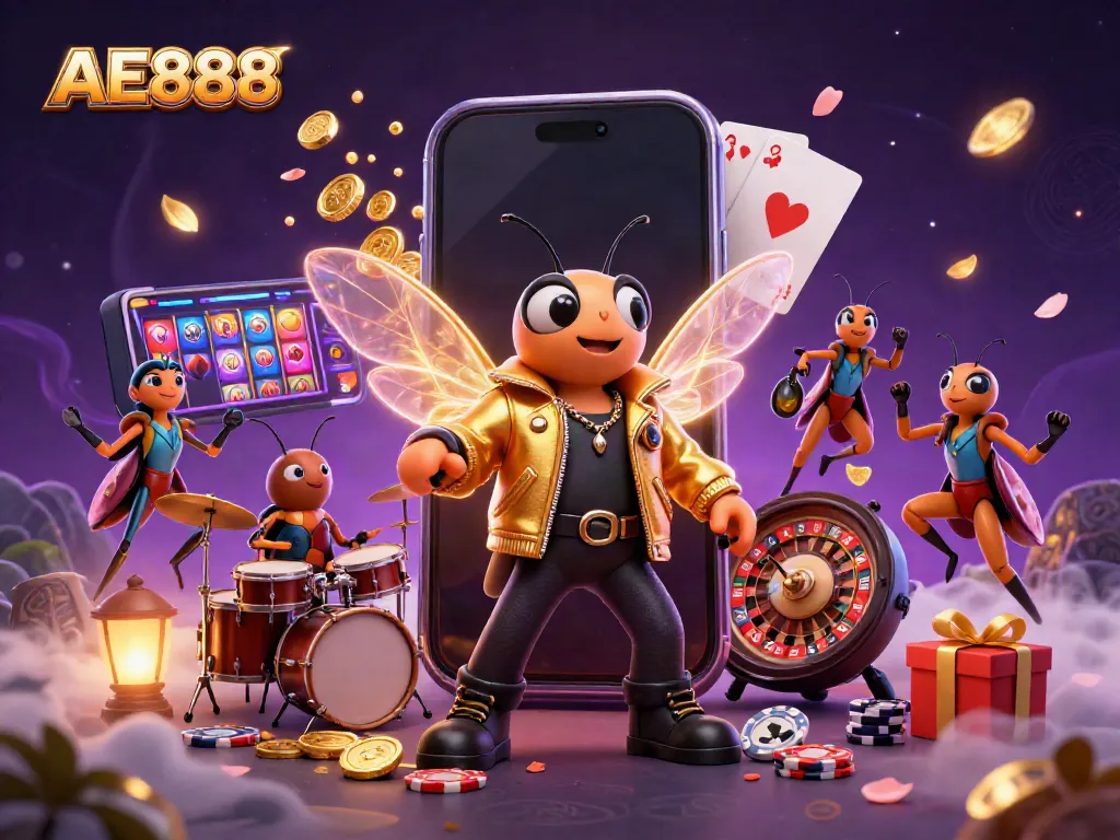Experience the excitement of AE888's vibrant casino scene with a cartoon cicada rock star and gaming elements.