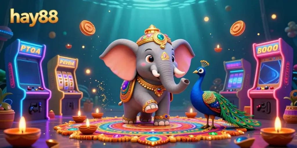 Experience the thrilling vibe of hay88 with vibrant casino elements and a Diwali-themed elephant illustration.