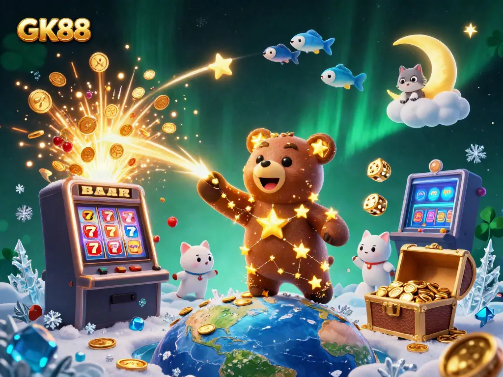 Experience GK88's vibrant galaxy with a casino-themed 3D illustration capturing fun gaming elements.