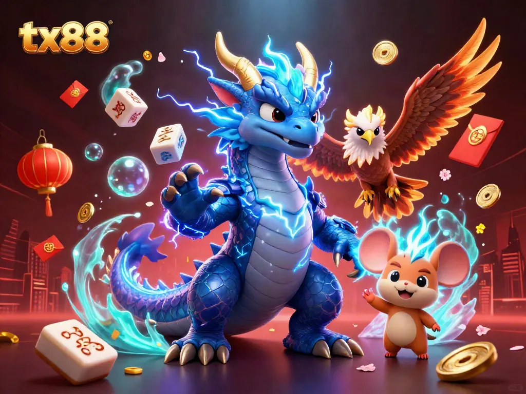 Experience thrilling gameplay with the tx88 dragon, hawk, and mouse amidst vibrant casino elements.