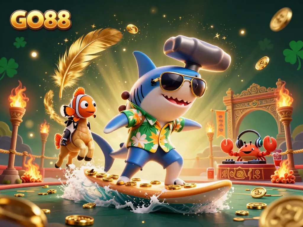 Experience GO88's vibrant 3D casino world with a hammer-head shark surfing on coins.