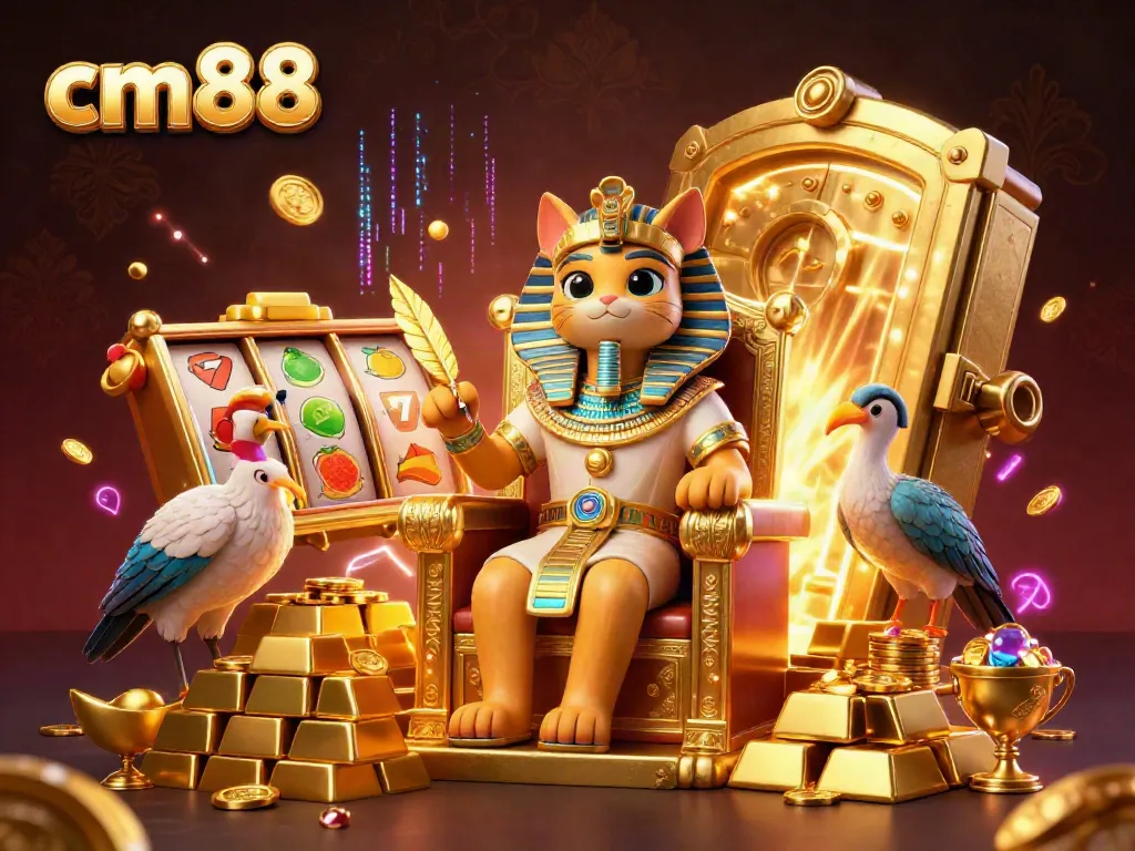 Engage with cm88's world of riches and slot excitement in a vibrant 3D casino illustration.