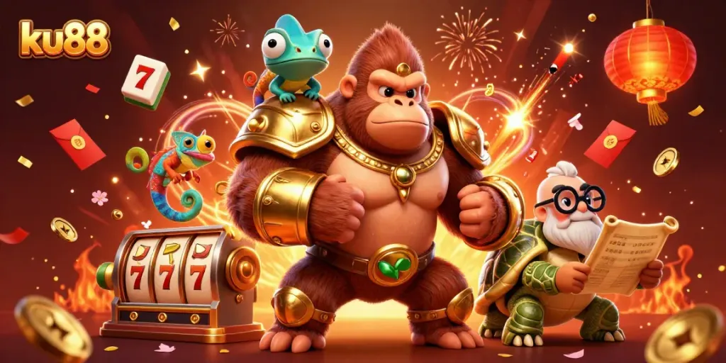 Experience thrilling wins with ku88's vibrant 3D casino adventure featuring a powerful gorilla and stylish elements.