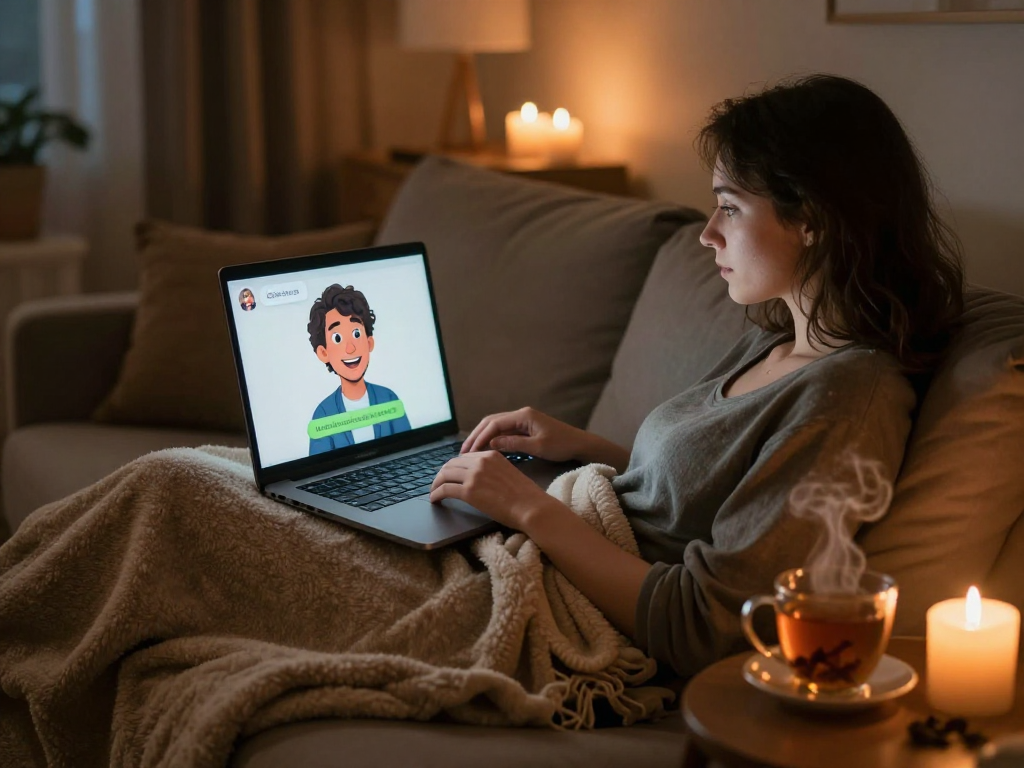 Engaging in ai sex chat with an animated companion on a cozy sofa.