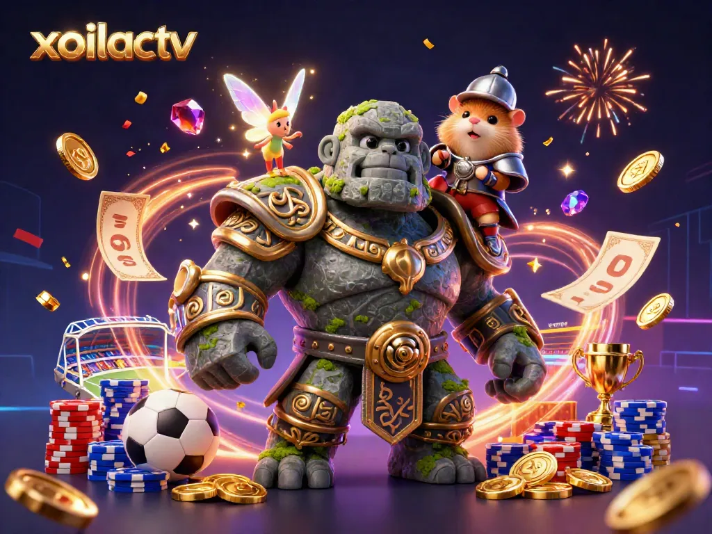 Xoilactv celebrates vibrant sports betting with a dynamic scene featuring a golem, fairy, and hamster knight amidst flying coins and trophies.