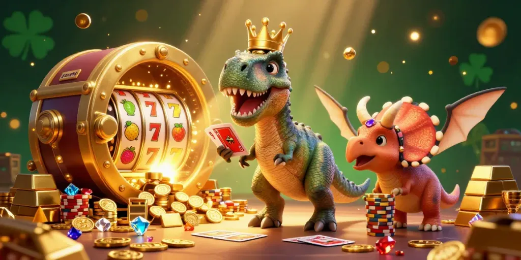 Zowin features a cartoon T-Rex in a crown shuffling cards alongside vibrant casino elements like slot reels and gold treasure in a fun gambling scene.