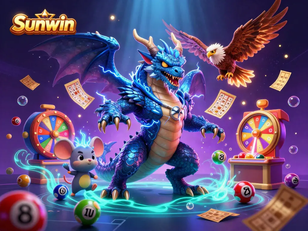 Experience the thrill of Sunwin's electric casino atmosphere with a dynamic 3D dragon and vibrant lottery elements.