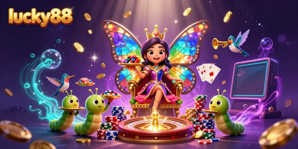 Spin the reels and win big with lucky88 in a vibrant, sparkling casino scene featuring stunning characters.