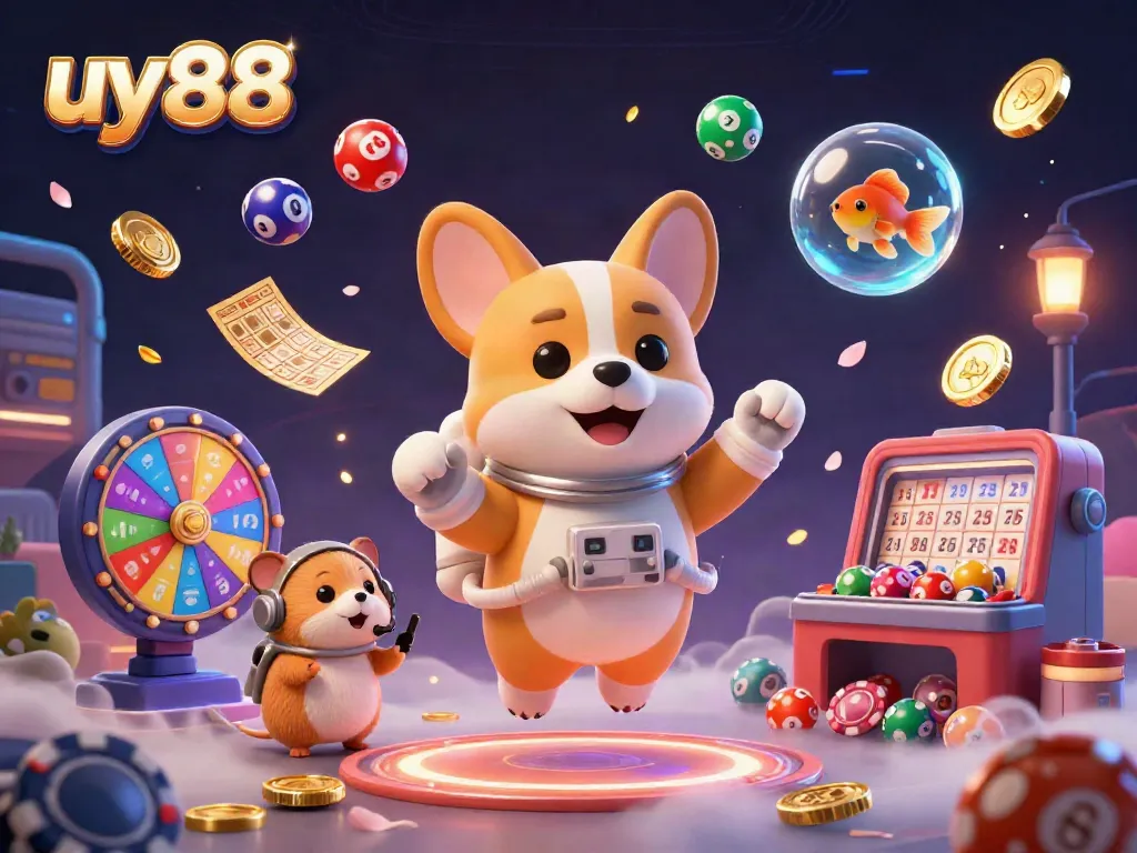 Experience the action with uy88 in this vibrant casino scene featuring playful characters and dynamic games.
