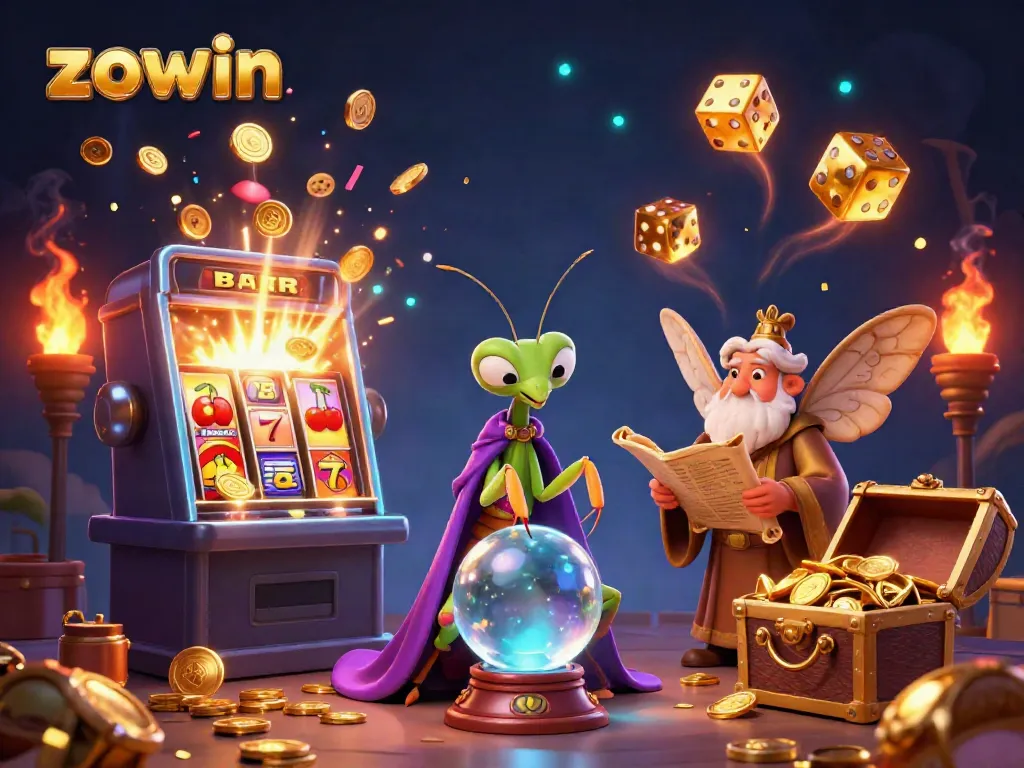 Zowin invites players into a magical casino world filled with vibrant slot machines and dynamic characters.